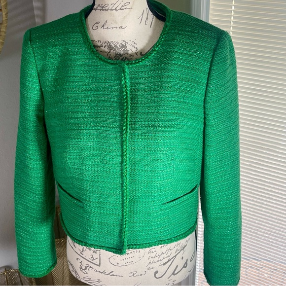 J. Crew Louisa Lady Summer Green Sequin Tweed Knit Gold Button Jacket | Size 6 - Picture 9 of 16